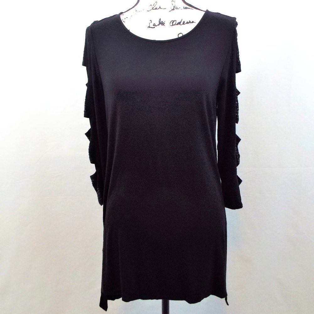 Nygard Long Black Tunic Top w/ Cut-out Sleeves & Black Rhinestone Sleeve Detail